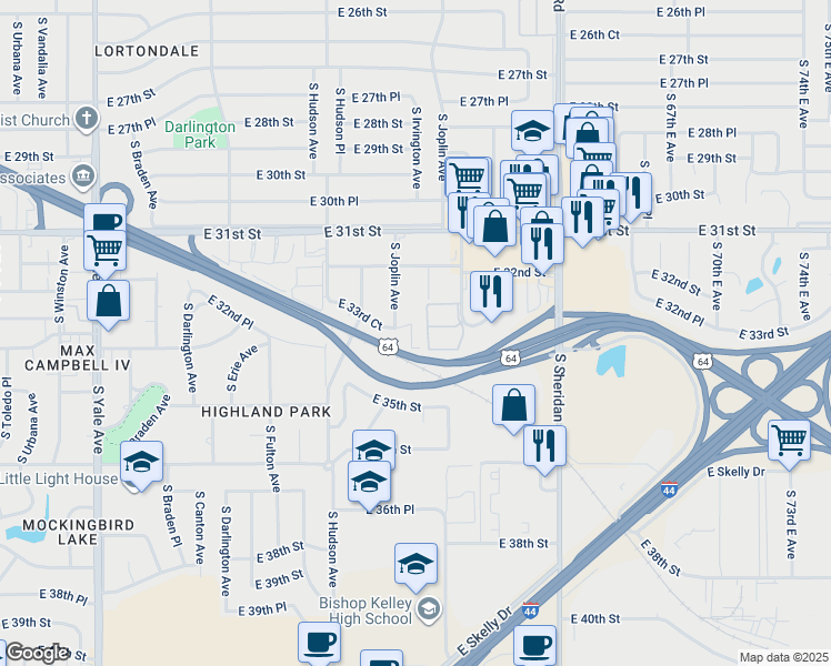 map of restaurants, bars, coffee shops, grocery stores, and more near 5972 East 33rd Court in Tulsa