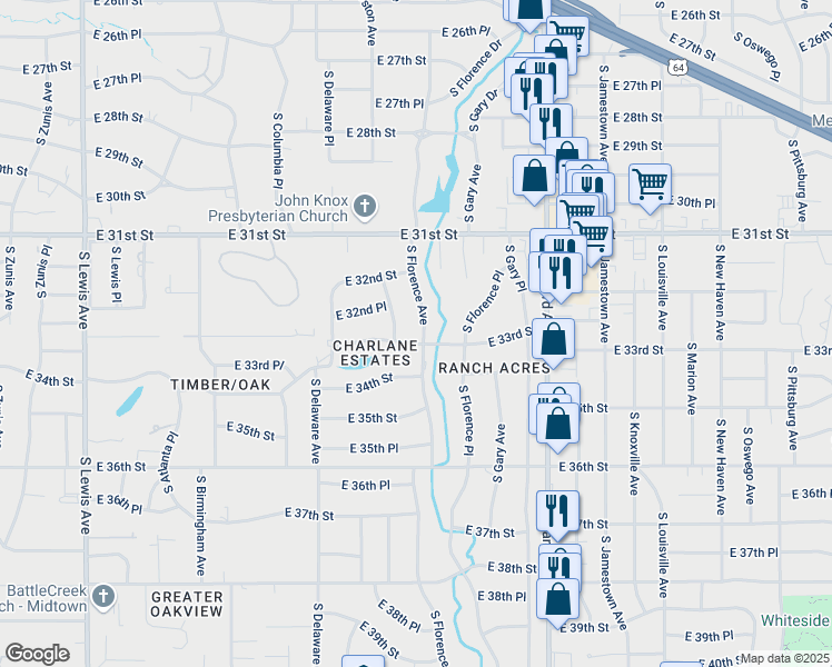 map of restaurants, bars, coffee shops, grocery stores, and more near 3253 South Evanston Avenue in Tulsa