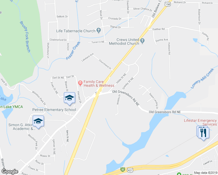 map of restaurants, bars, coffee shops, grocery stores, and more near 4009 Hilda Street Northeast in Winston-Salem
