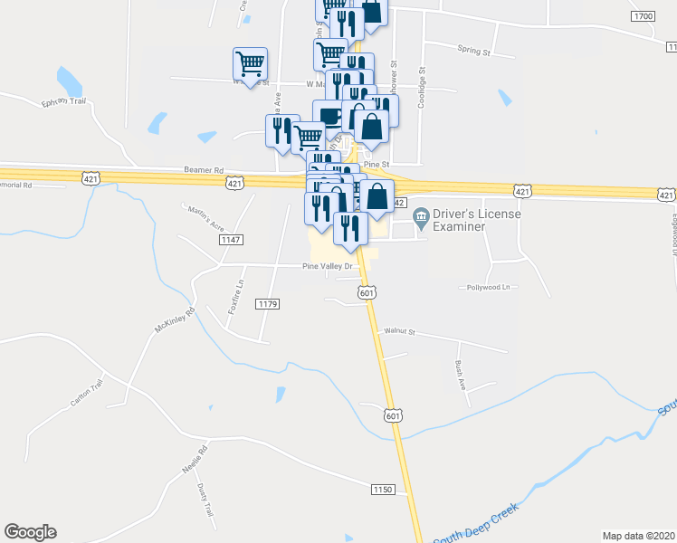 map of restaurants, bars, coffee shops, grocery stores, and more near 121 Pine Valley Drive in Yadkinville