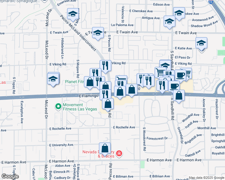 map of restaurants, bars, coffee shops, grocery stores, and more near 3370 East Flamingo Road in Las Vegas