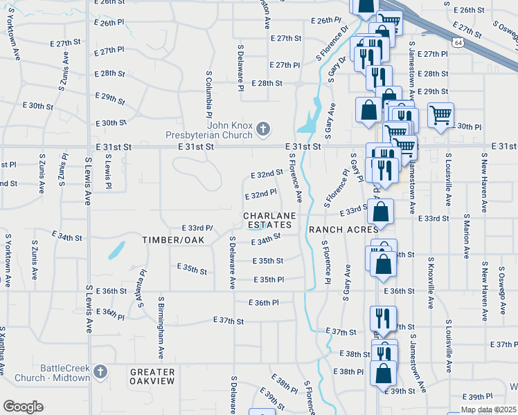 map of restaurants, bars, coffee shops, grocery stores, and more near 2843 East 33rd Street in Tulsa
