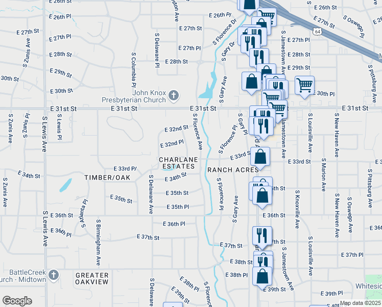 map of restaurants, bars, coffee shops, grocery stores, and more near 3253 South Evanston Avenue in Tulsa