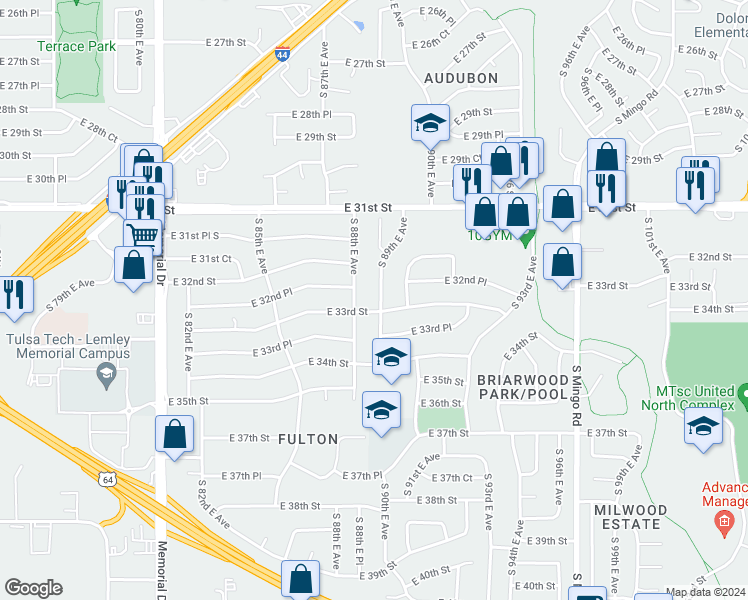 map of restaurants, bars, coffee shops, grocery stores, and more near 3194 South 89th East Avenue in Tulsa