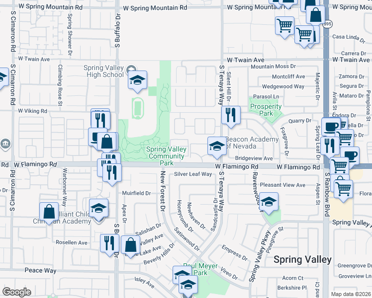 map of restaurants, bars, coffee shops, grocery stores, and more near 7570 West Flamingo Road in Las Vegas