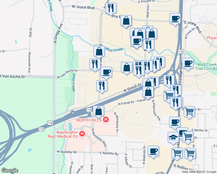 map of restaurants, bars, coffee shops, grocery stores, and more near 3557 Shiloh Drive in Fayetteville