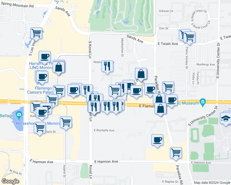 map of restaurants, bars, coffee shops, grocery stores, and more near in Las Vegas