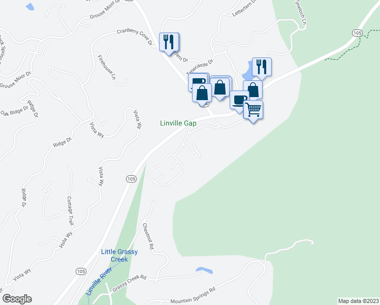 map of restaurants, bars, coffee shops, grocery stores, and more near Trillium lane in Beech Mountain