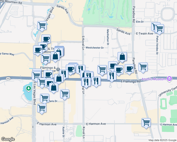 map of restaurants, bars, coffee shops, grocery stores, and more near 220 East Flamingo Road in Las Vegas