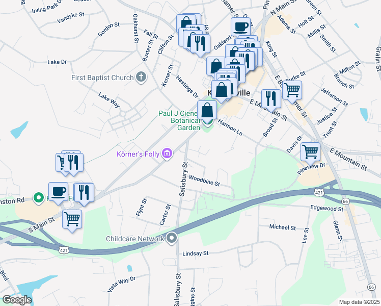 map of restaurants, bars, coffee shops, grocery stores, and more near 319 Salisbury Street in Kernersville