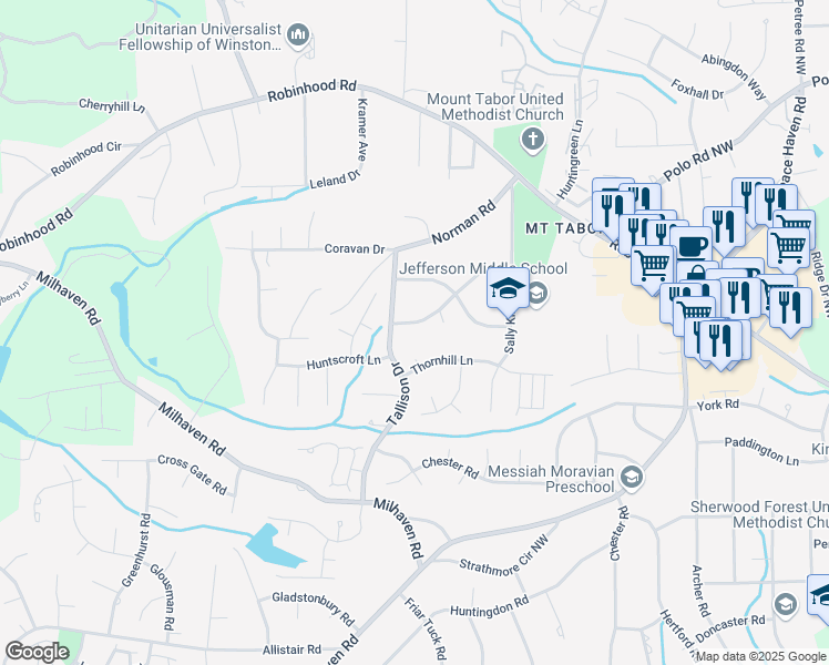map of restaurants, bars, coffee shops, grocery stores, and more near 3740 Benchley Road in Winston-Salem