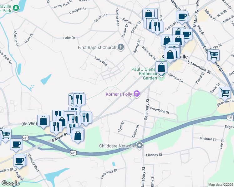 map of restaurants, bars, coffee shops, grocery stores, and more near 540 South Cherry Street in Kernersville