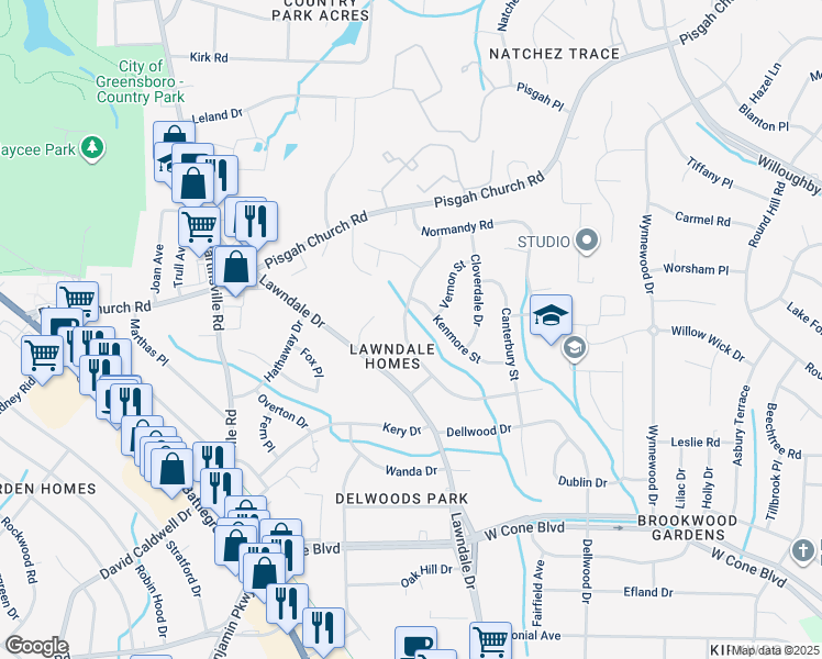 map of restaurants, bars, coffee shops, grocery stores, and more near 3412 Wilshire Drive in Greensboro