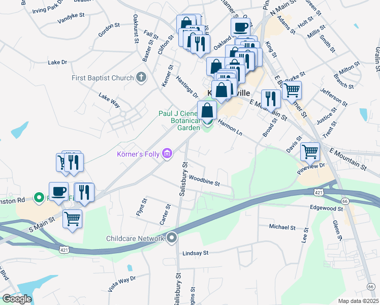 map of restaurants, bars, coffee shops, grocery stores, and more near 319 Salisbury Street in Kernersville