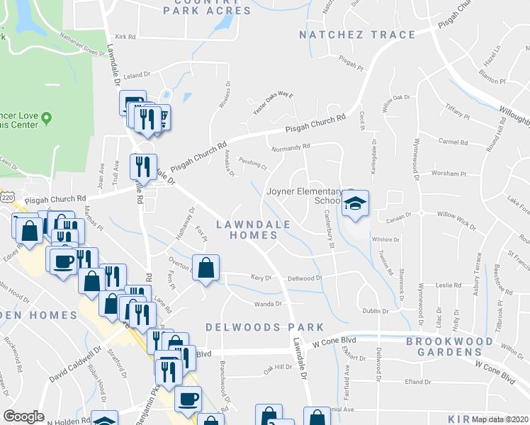 map of restaurants, bars, coffee shops, grocery stores, and more near 3412 Wilshire Drive in Greensboro