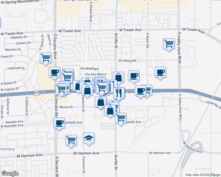 map of restaurants, bars, coffee shops, grocery stores, and more near 202 West Flamingo Road in Las Vegas