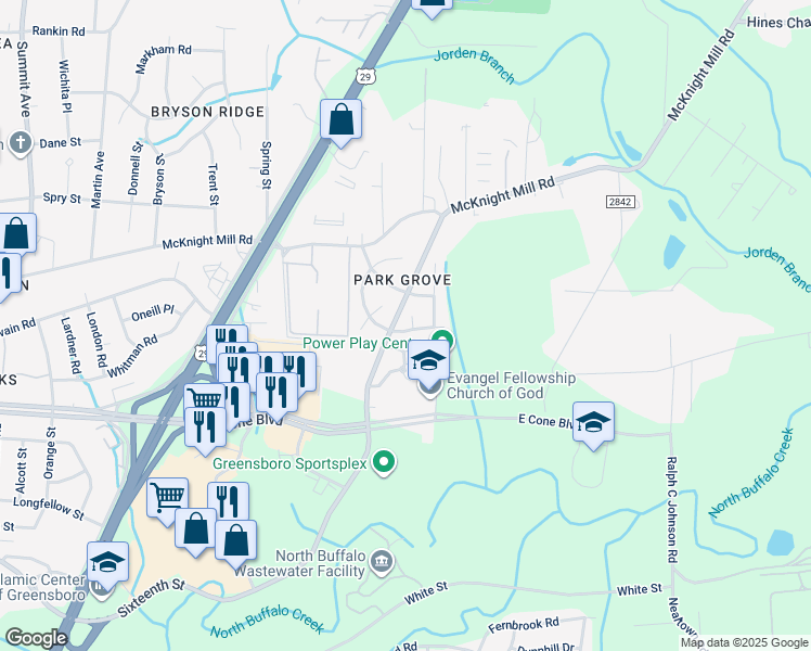 map of restaurants, bars, coffee shops, grocery stores, and more near 2203 Blair-Khazan Drive in Greensboro