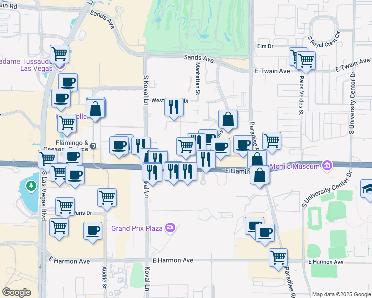 map of restaurants, bars, coffee shops, grocery stores, and more near 260 East Flamingo Road in Las Vegas