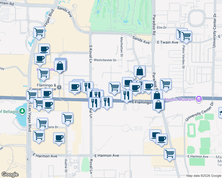 map of restaurants, bars, coffee shops, grocery stores, and more near 260 East Flamingo Road in Las Vegas