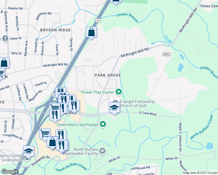 map of restaurants, bars, coffee shops, grocery stores, and more near 2203 Blair-Khazan Drive in Greensboro