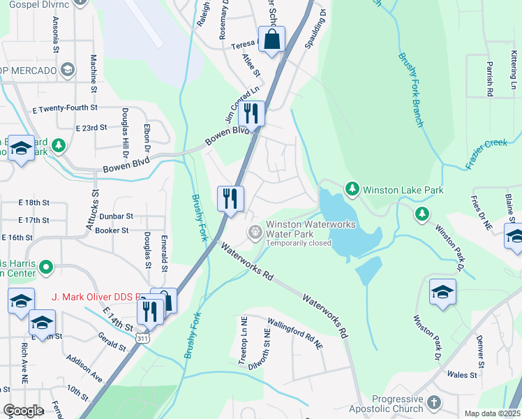 map of restaurants, bars, coffee shops, grocery stores, and more near Winston Lake Road in Winston-Salem