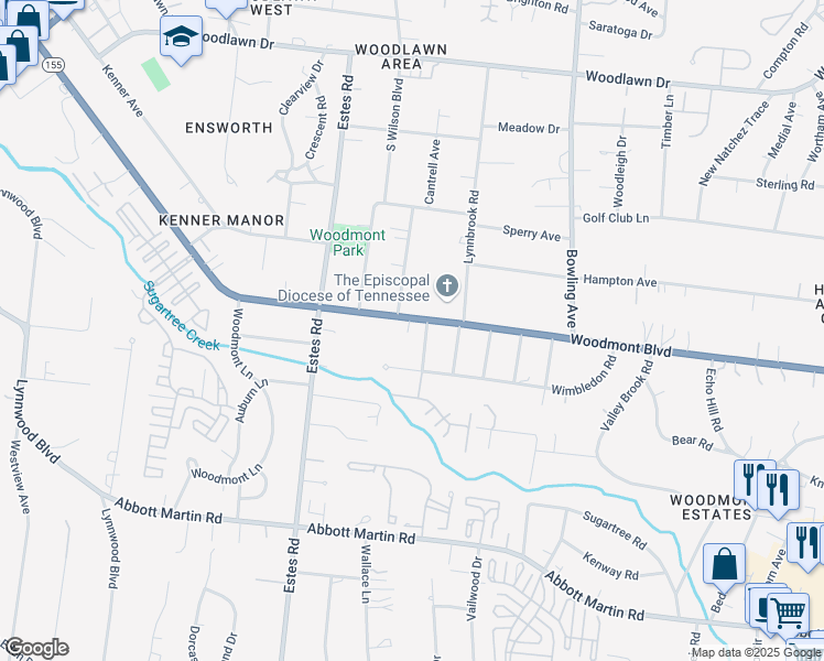 map of restaurants, bars, coffee shops, grocery stores, and more near 3707 Woodmont Boulevard in Nashville
