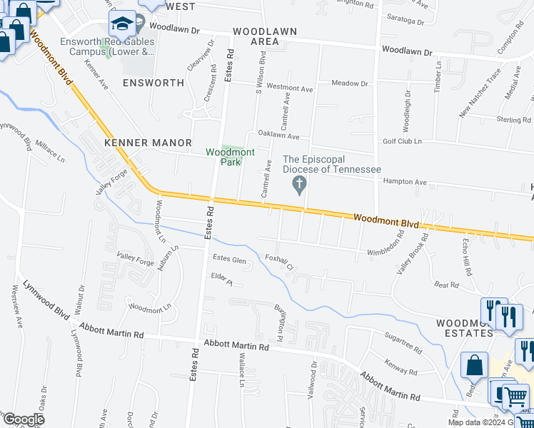 map of restaurants, bars, coffee shops, grocery stores, and more near 3707 Woodmont Boulevard in Nashville