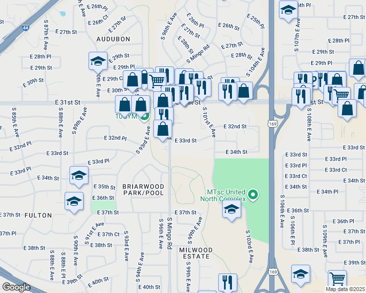 map of restaurants, bars, coffee shops, grocery stores, and more near 9716 East 33rd Street in Tulsa