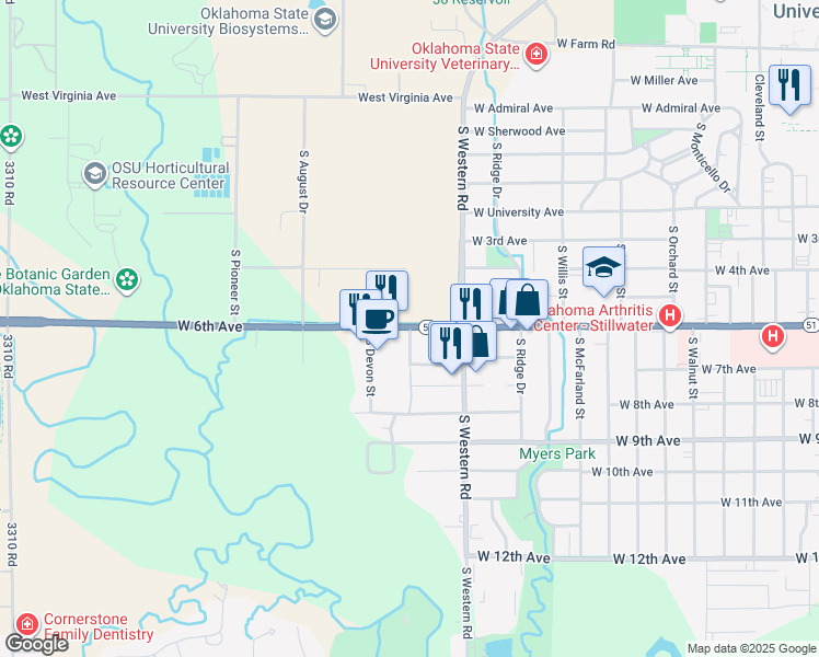 map of restaurants, bars, coffee shops, grocery stores, and more near 701 S Wicklow St in Stillwater