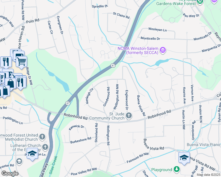 map of restaurants, bars, coffee shops, grocery stores, and more near 935 Goodwood Road in Winston-Salem