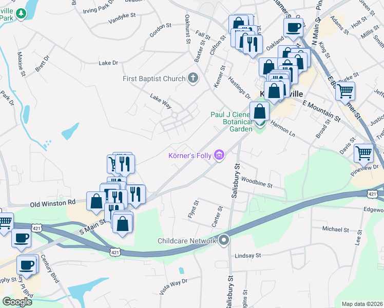 map of restaurants, bars, coffee shops, grocery stores, and more near 112 Moravian Church Lane in Kernersville