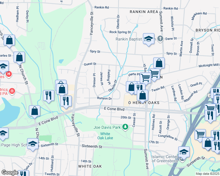 map of restaurants, bars, coffee shops, grocery stores, and more near 3201 Fielding Place in Greensboro