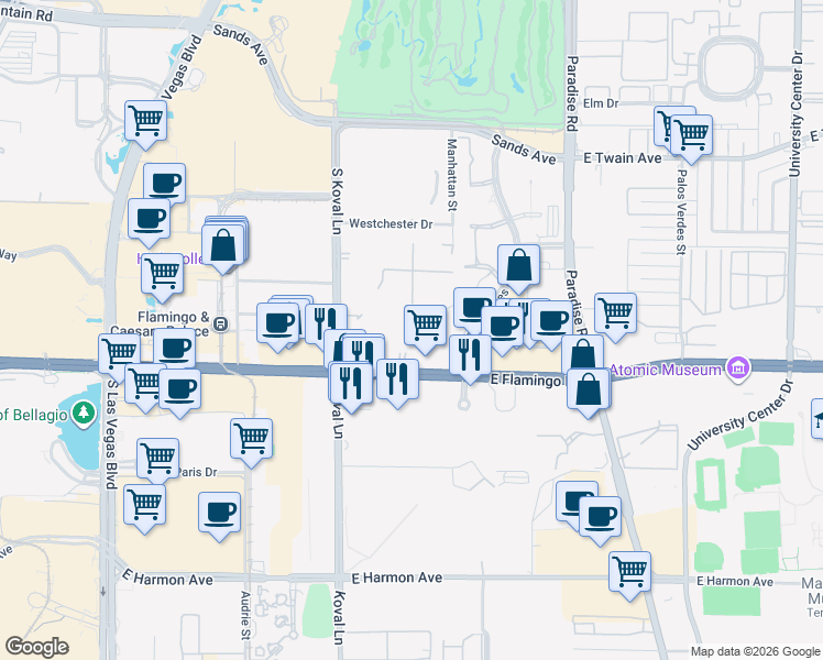 map of restaurants, bars, coffee shops, grocery stores, and more near 260 East Flamingo Road in Las Vegas