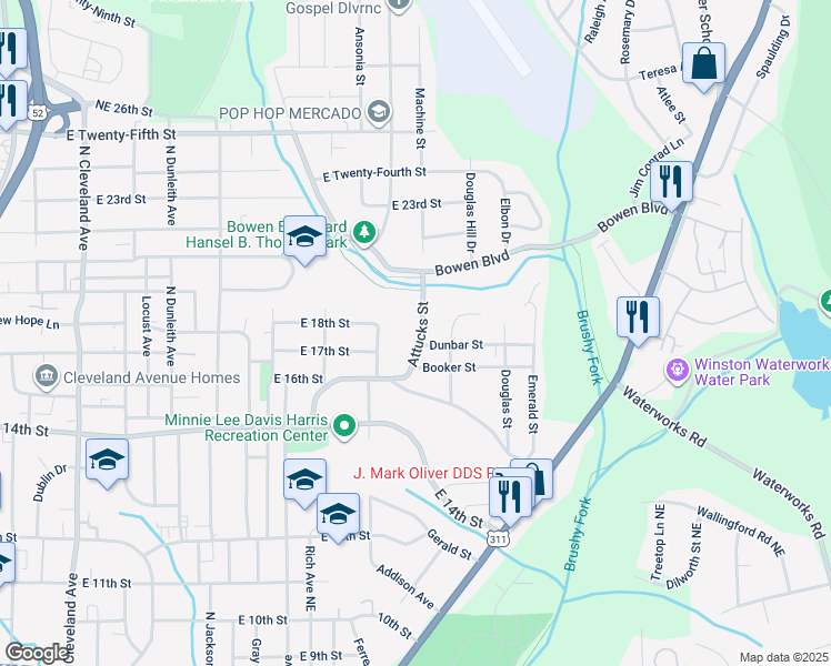 map of restaurants, bars, coffee shops, grocery stores, and more near 1608 Attucks Street in Winston-Salem