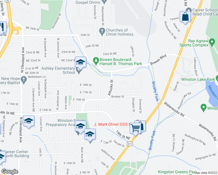 map of restaurants, bars, coffee shops, grocery stores, and more near 1608 Attucks Street in Winston-Salem