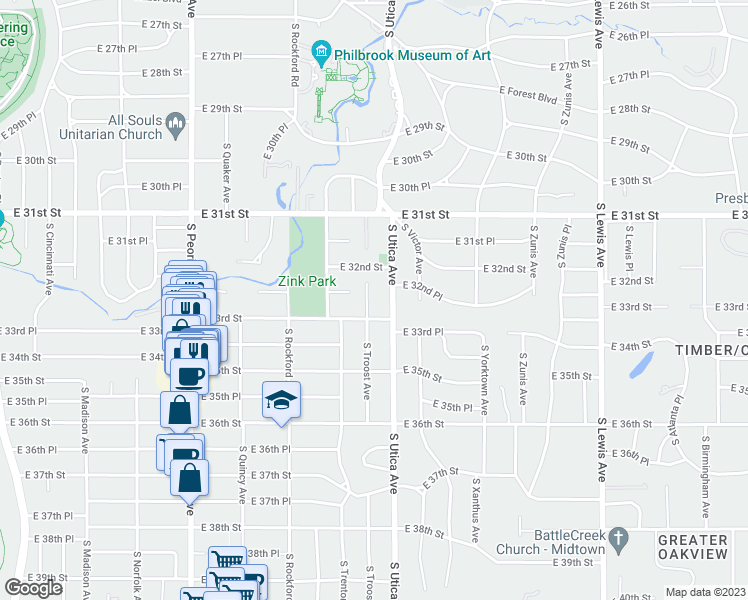 map of restaurants, bars, coffee shops, grocery stores, and more near 3231 South Troost Avenue in Tulsa