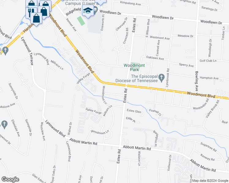 map of restaurants, bars, coffee shops, grocery stores, and more near 3810 Dartmouth Avenue in Nashville