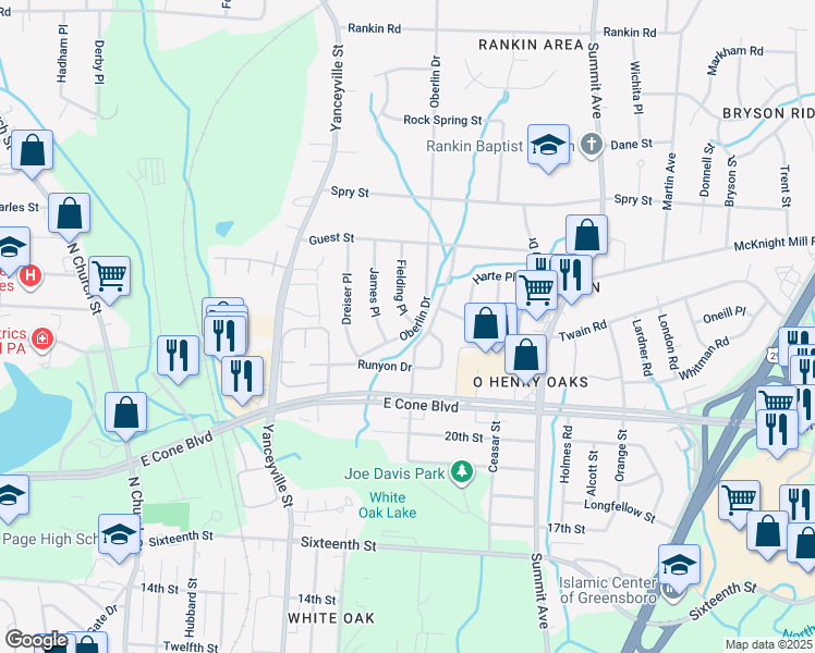 map of restaurants, bars, coffee shops, grocery stores, and more near 3201 Fielding Place in Greensboro