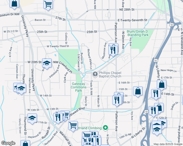 map of restaurants, bars, coffee shops, grocery stores, and more near 101 Glenn Avenue Northeast in Winston-Salem