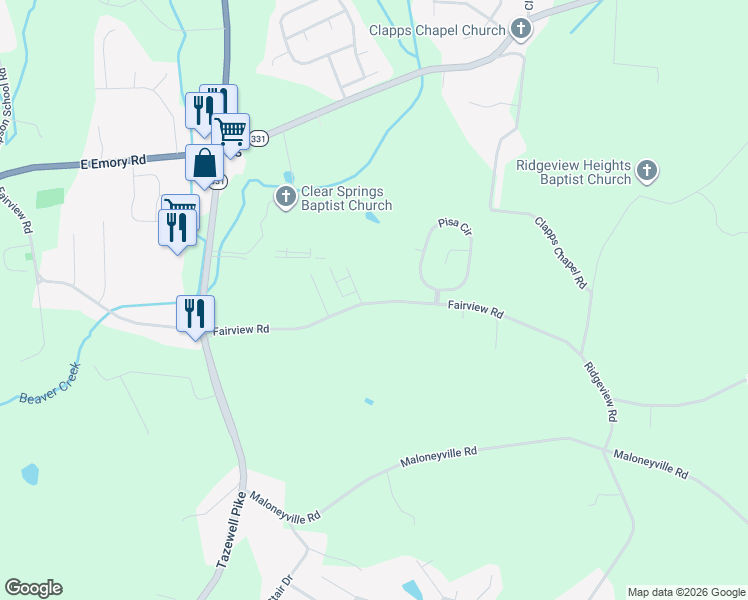 map of restaurants, bars, coffee shops, grocery stores, and more near 7004 Fairview Road in Corryton