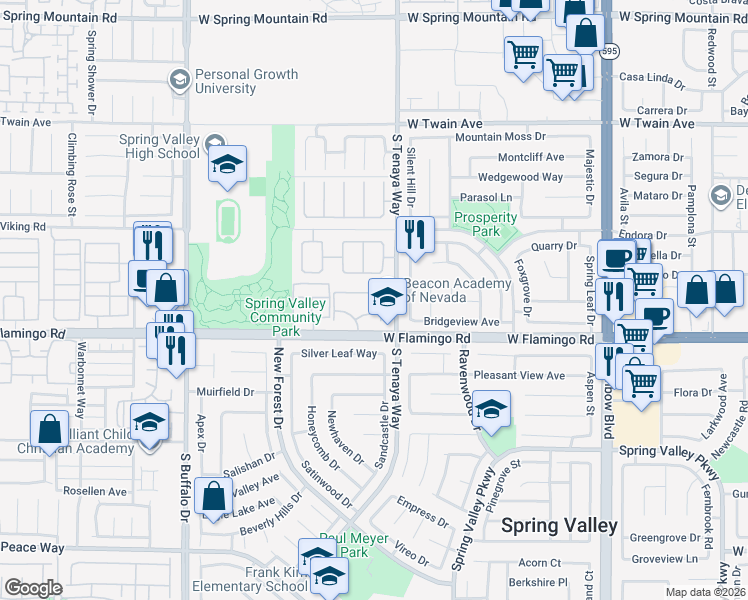 map of restaurants, bars, coffee shops, grocery stores, and more near 7360 West Flamingo Road in Las Vegas