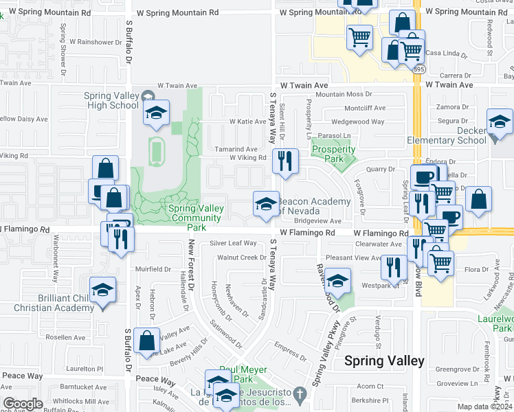 map of restaurants, bars, coffee shops, grocery stores, and more near 7400 West Flamingo Road in Las Vegas