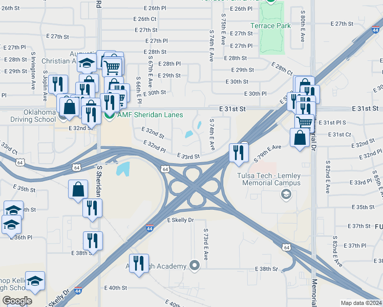 map of restaurants, bars, coffee shops, grocery stores, and more near 7035 East 33rd Street in Tulsa