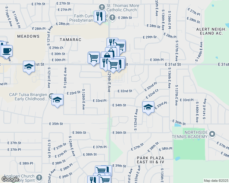 map of restaurants, bars, coffee shops, grocery stores, and more near 12927 East 33rd Street in Tulsa
