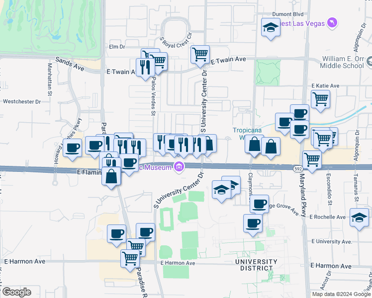 map of restaurants, bars, coffee shops, grocery stores, and more near 4055 South University Center Drive in Las Vegas