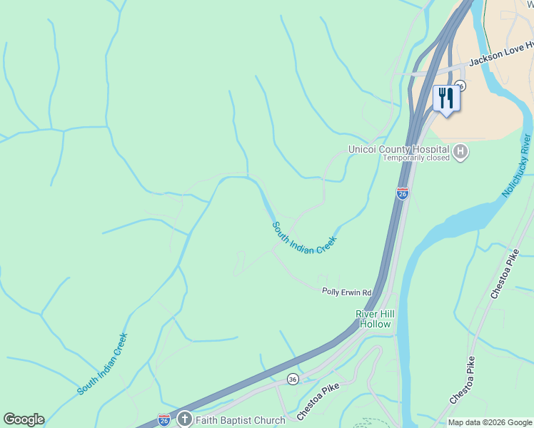 map of restaurants, bars, coffee shops, grocery stores, and more near 205 McInturff Lane in Erwin