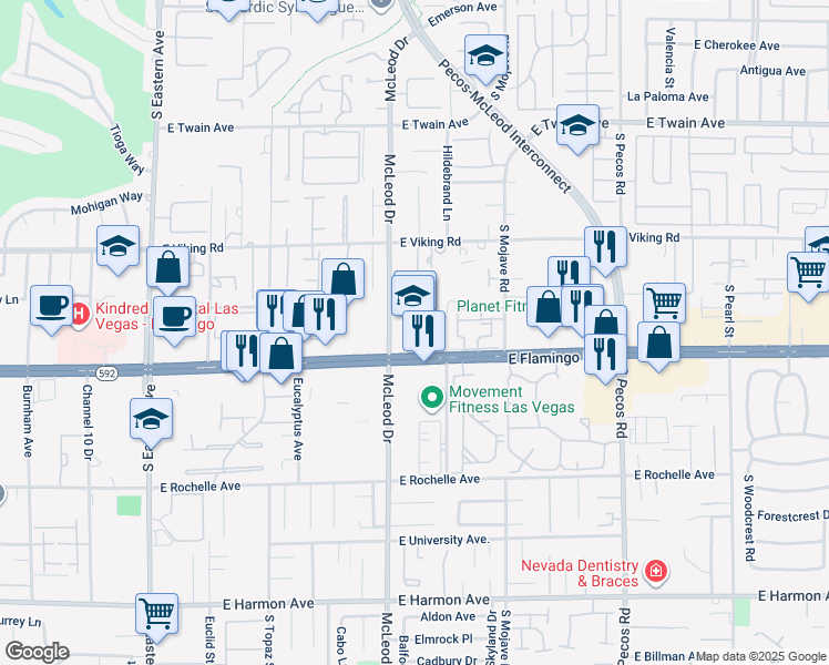 map of restaurants, bars, coffee shops, grocery stores, and more near 3050 East Flamingo Road in Las Vegas