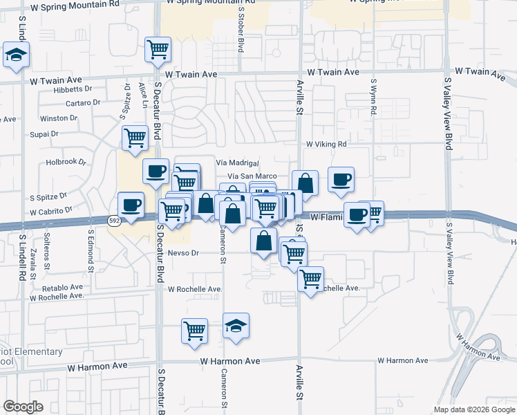 map of restaurants, bars, coffee shops, grocery stores, and more near 4500 West Flamingo Road in Las Vegas