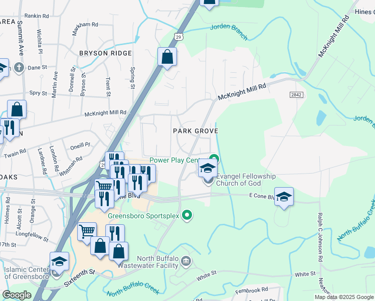 map of restaurants, bars, coffee shops, grocery stores, and more near 2502 David Richmond Court in Greensboro