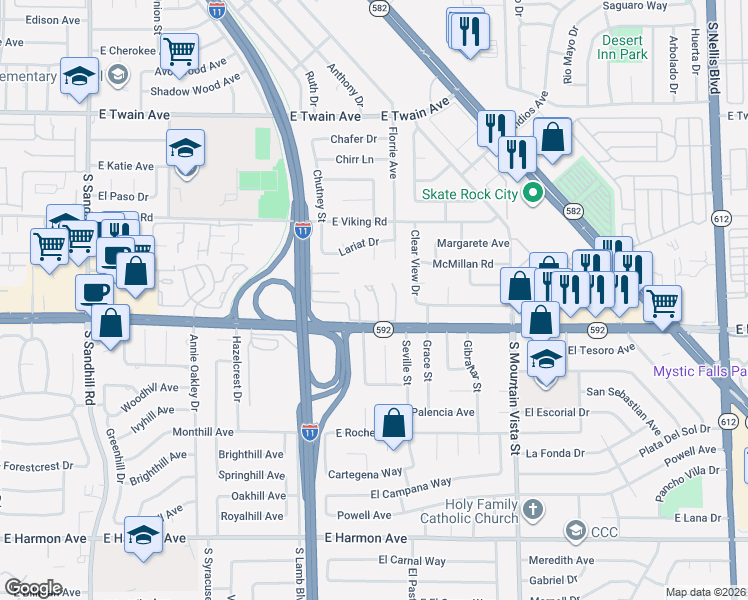 map of restaurants, bars, coffee shops, grocery stores, and more near 4066 Village Square in Las Vegas